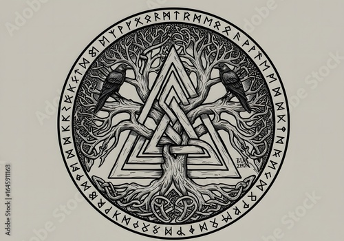 Norse Yggdrasil with Valknut and ravens
