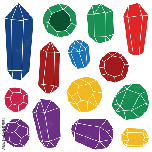 Vector art of collection of colorful faceted gemstones and crystals isolated on white background