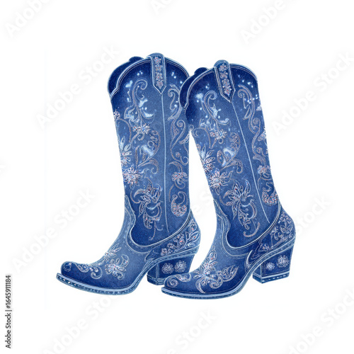 Pair of Blue Denim Cowboy Boots with Floral Embroidery and Rhinestone Detail