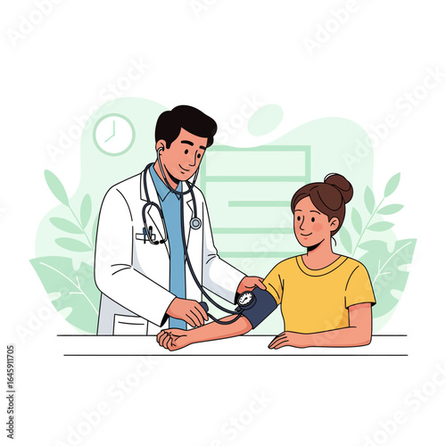 Doctor checking female patient's blood pressure in clinic flat vector illustration