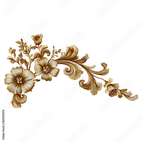 Elegant gold floral corner design with leaves and flowers isolated on a white background, detailed illustration, high-resolution professional photograph