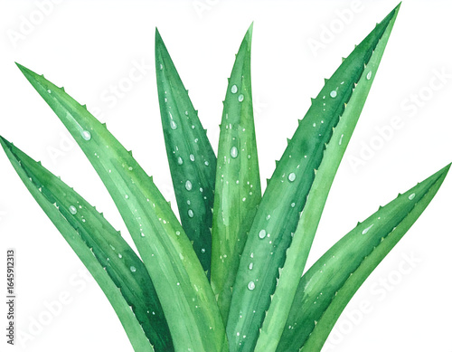 Watercolor Painting of Aloe Vera Plant with Dew Drops