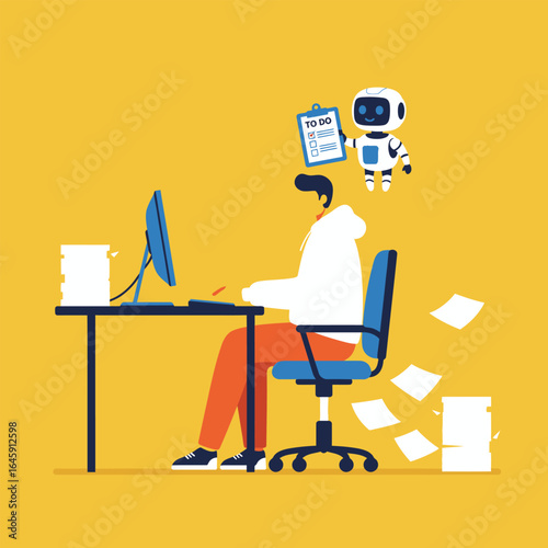 A robot assisting a man with his todo list at work, enhancing productivity and efficiency in a modern office setting on a yellow background