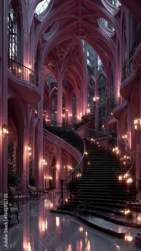 Grand, swirling staircase in a dusky, rose-hued hall