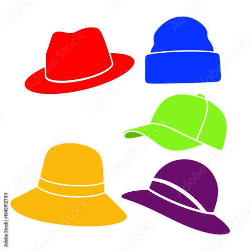 Vector art of collection of colorful hats and caps, including fedora, beanie, baseball cap, and sun hats, isolated on white background