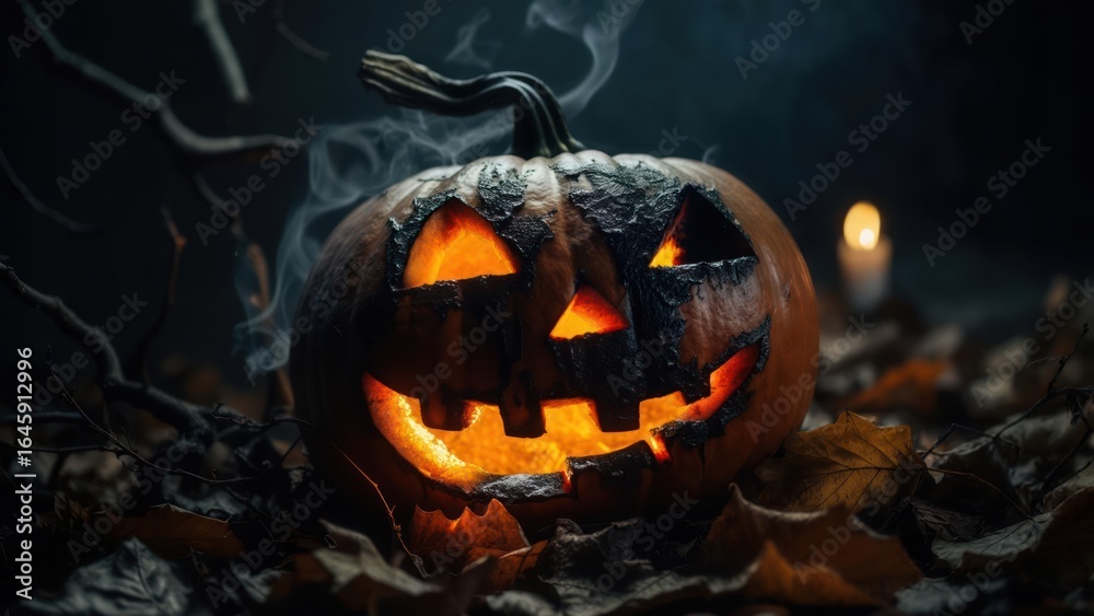 Fototapeta premium Smoldering Jack-o'-Lantern with a Charred Grin Glowing in the Spooky Night
