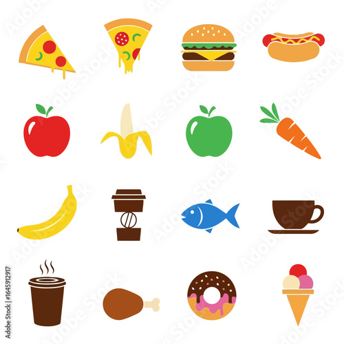 Vector art of variety of food and drink icons including pizza, burger, fruits, coffee, and ice cream, isolated on white background