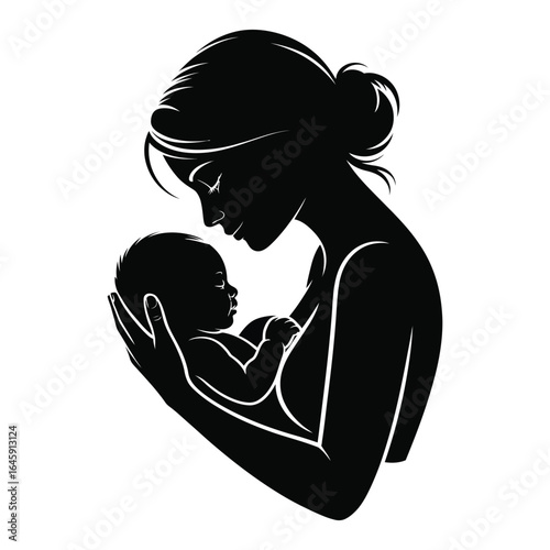  Newborn baby and mother silhouette set with holding, breastfeeding, and cuddling poses in black vector isolated on white background