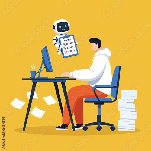 A robot assisting a man with his todo list at work, enhancing productivity and efficiency in a modern office setting on a yellow background