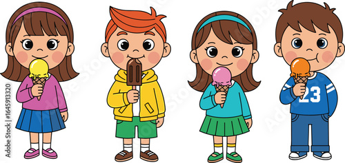 Four adorable diverse kids, two boys and two girls, happily enjoying a delicious ice cream cone on a vibrant summer day, capturing childhood joy.