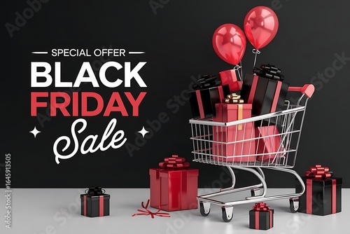 Black friday sale banner showing metal cart loaded with wrapped presents in elegant black, gold, and red colors, with shiny balloons on vibrant background for e-commerce and seasonal shopping campaign