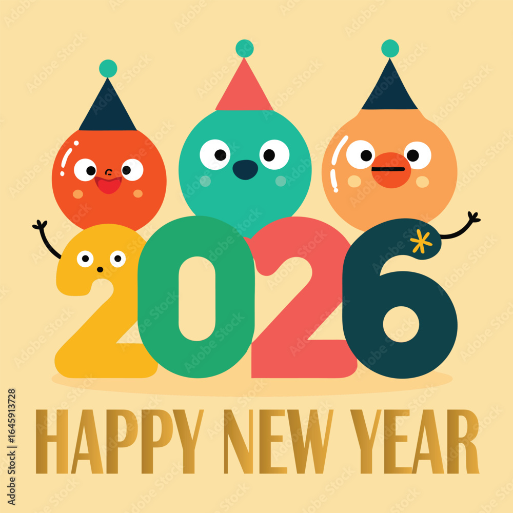 Fototapeta premium Cute Cartoon Happy New Year 2026 Vector with Balloons and Characters