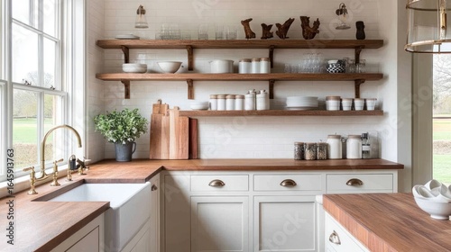 White kitchen with wooden shelving and countertops
