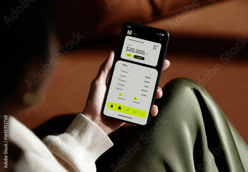 Hand Holding Smartphone Screen Mockup on Leather Sofa
