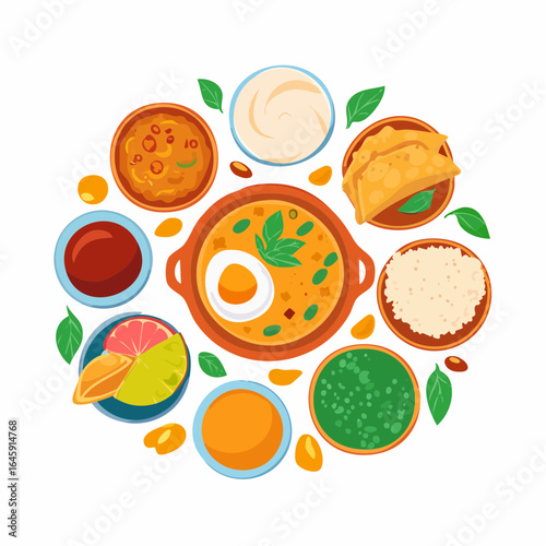 Flat style icons of famous Indian cuisine dishes