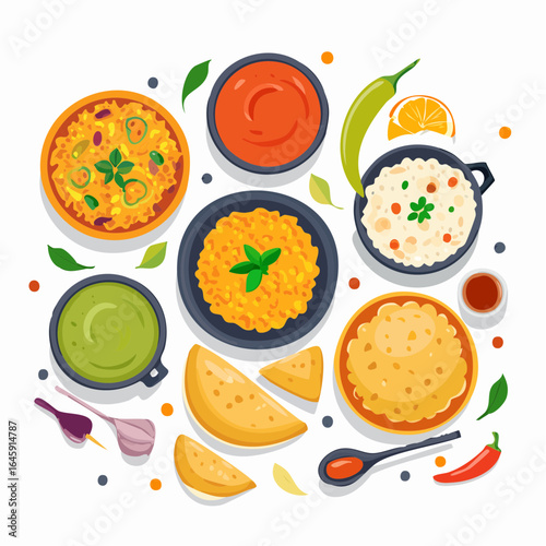 Flat style icons of famous Indian cuisine dishes
