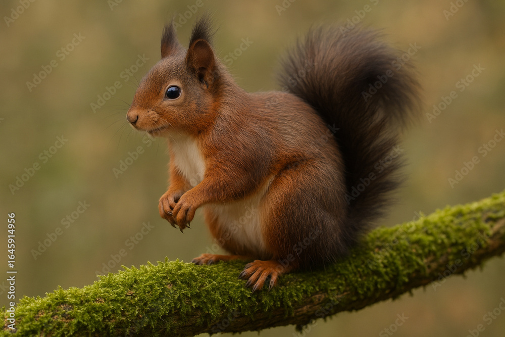 Fototapeta premium Red squirrel perched on a moss covered branch in a forest