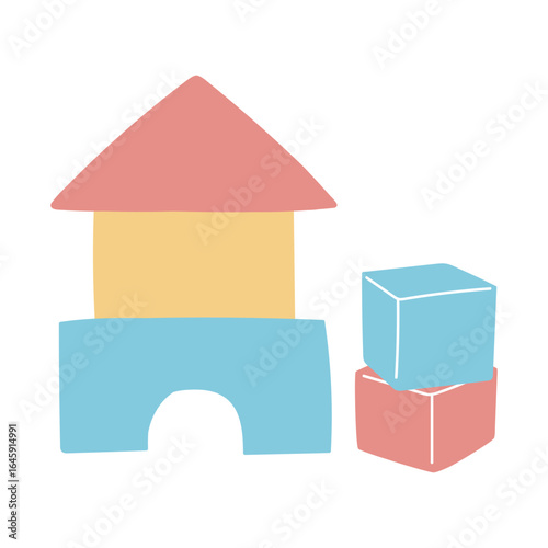 赤と黄色と水色の積み木が並んだかわいいイラスト