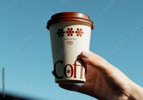Hand Holding Coffee Cup Mockup with Blue Sky