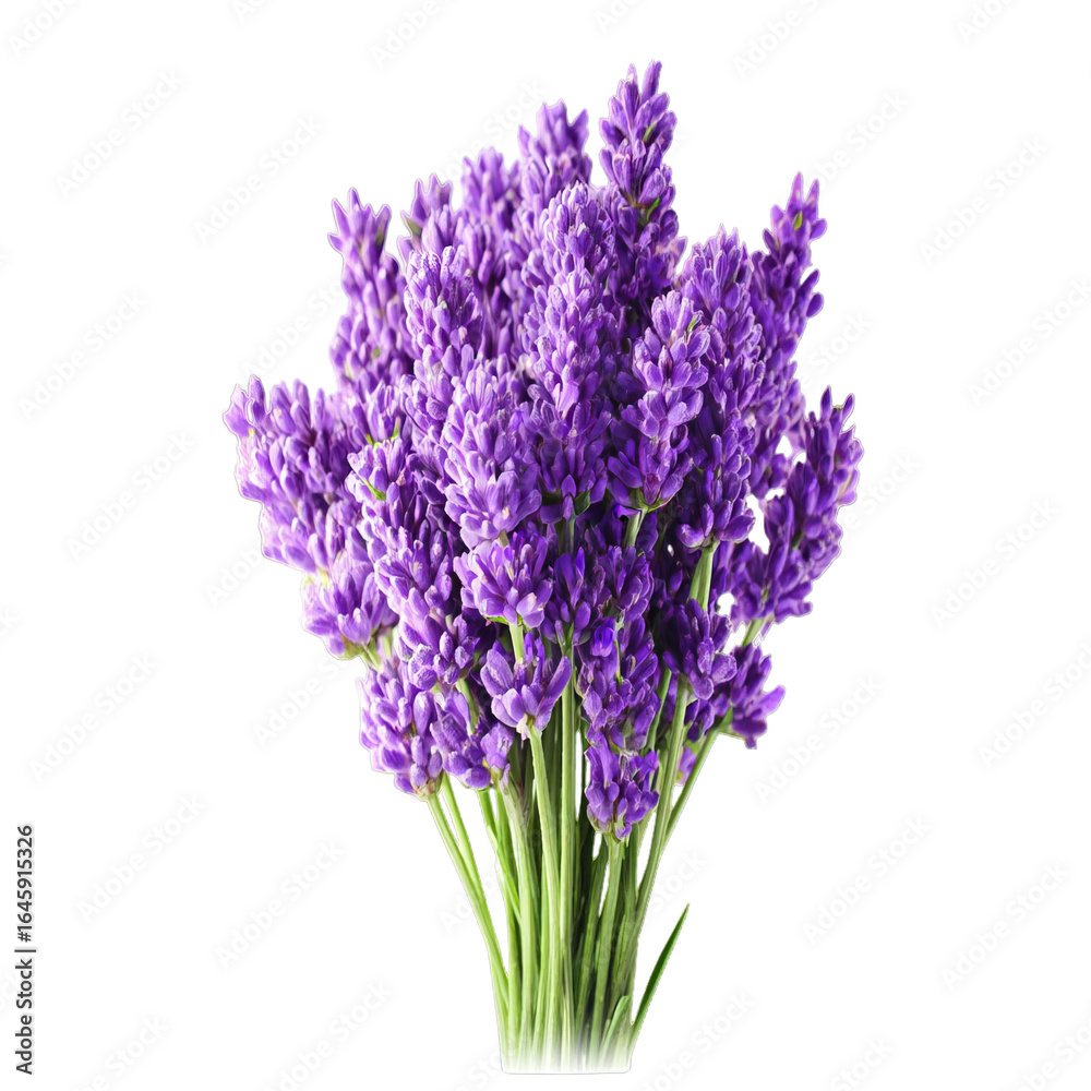 Fototapeta premium A vibrant bouquet of fresh lavender flowers with lush purple blooms and green stems, showcasing aromatic beauty.