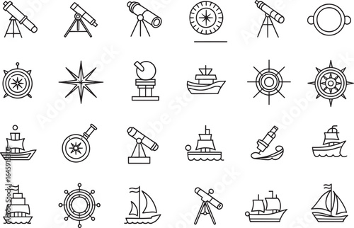 Nautical and Astronomical Icon Set Featuring Telescopes Ships Compasses and Stars in a Simple Outline Style