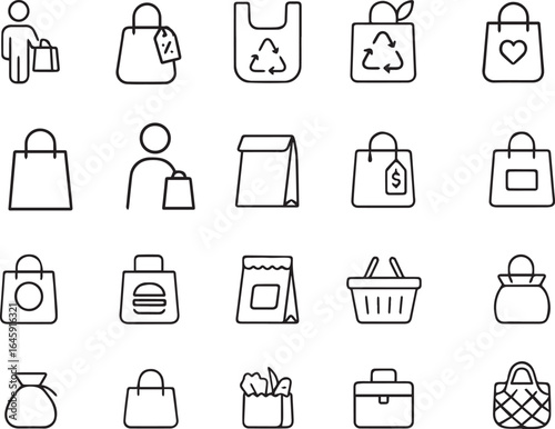 Shopping Bag Line Icon Set – Paper, Plastic, Eco Packaging, Gift, Tote, Retail, Grocery Outline Vector Pictogram Collection
