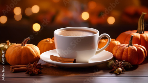 Coffee Cup Surrounded by Pumpkins and Spices Shimmering Lights Bokeh Background