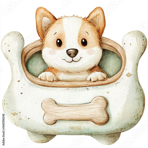 Watercolor Illustration of a Corgi Puppy in a BoneShaped Bed