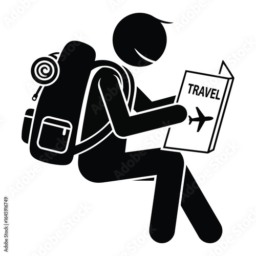 Silhouette vector art of traveler with backpack reading a travel book, isolated on white background
