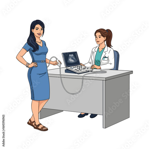 Doctor performs ultrasound scan on a pregnant woman in clinic. Vector illustration.