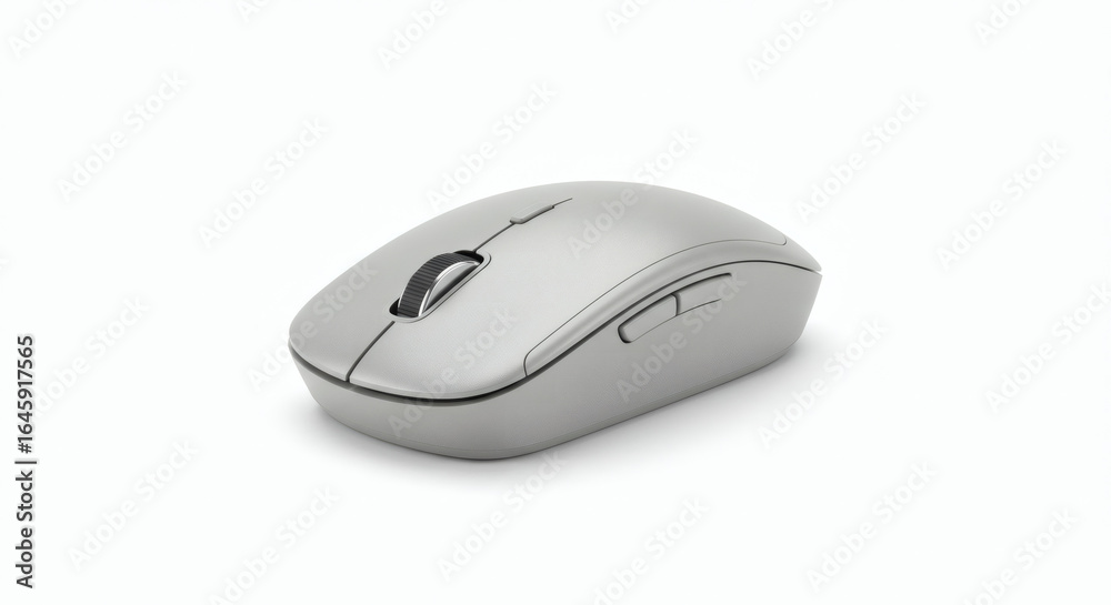 Close-up view of a sleek, modern silver computer mouse with a scroll wheel, perfect for office or home use. Close-up view of a sleek, modern silver computer mouse with a scroll wheel, perfect for office or home use.