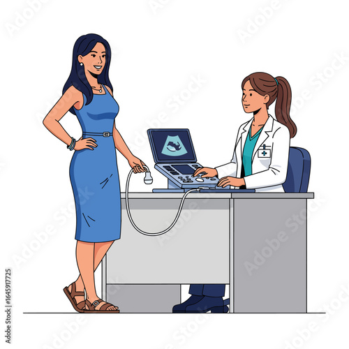 Doctor performs ultrasound scan on a pregnant woman in clinic. Vector illustration.