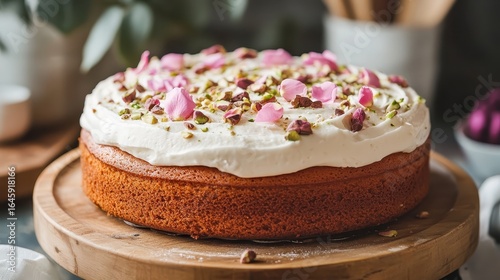 Wallpaper Mural Elegant Cake with Rose Petals and Pistachios on Wooden Stand Torontodigital.ca