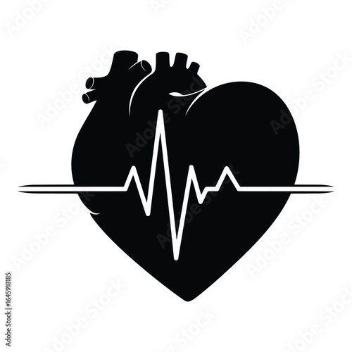 Silhouette vector art of black heart with electrocardiogram line isolated on white background