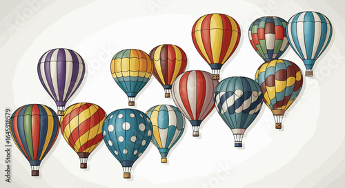 A collection of vintage style hot air balloons with various patterns floating in the sky together nicely