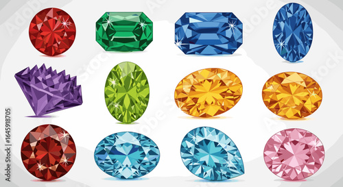 Illustration of twelve colorful gemstones in various shapes and cuts on a white background plane