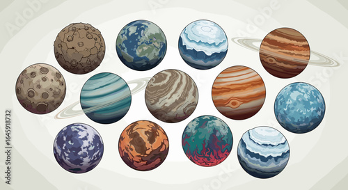 A collection of planetary eggs with various textures and colors arranged in a group formation here