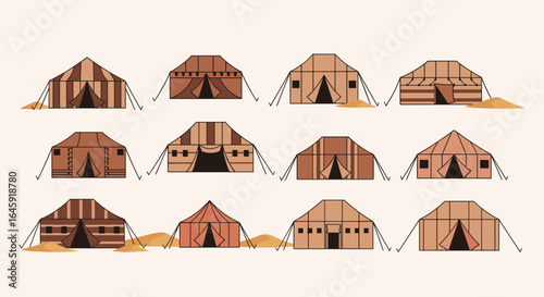 Illustration showing a collection of twelve tents with various designs and color schemes on a light background