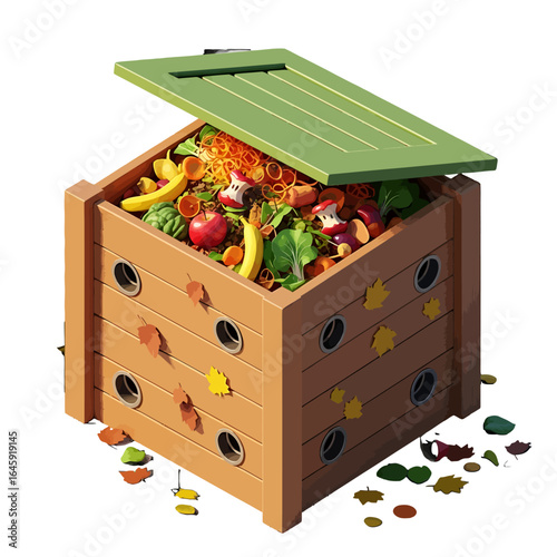 Wooden compost bin with an open green lid filled with organic fruit and vegetable scraps for recycling.