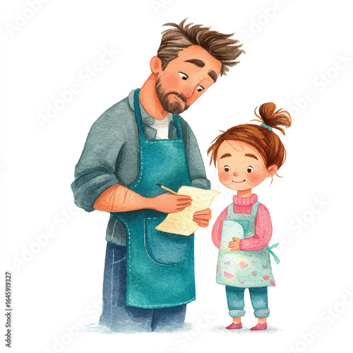 Watercolor illustration of a father and daughter in aprons reviewing a list