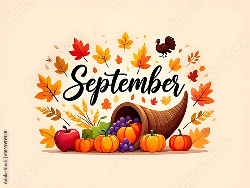 September autumn harvest scene with vibrant fall leaves cornucopia full of fruits wheat and turkey illustration for thanksgiving cards seasonal banners and autumn festival decorations