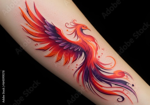 Colorful phoenix watercolor forearm tattoo