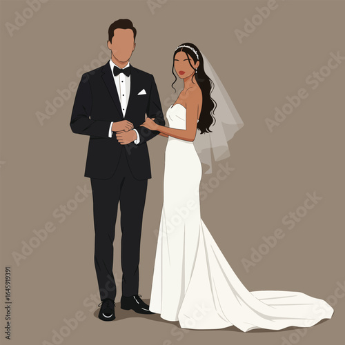 A bride and groom in formal attire are posing for a wedding day portrait, the bride is holding a bouquet and wearing a veil, the groom is in a tuxedo