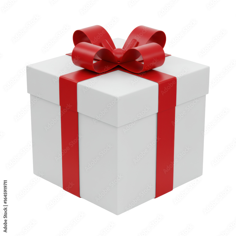 Obraz premium transparent cubic gift box made of matte paperboard, adorned with a bold crimson red satin ribbon tied in an elegant bow, isolated on a seamless transparent background with shadowless studio