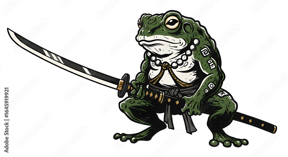 Fototapeta premium Fearless Frog Samurai Japanese Warrior Amphibian Illustration on Transparent Background