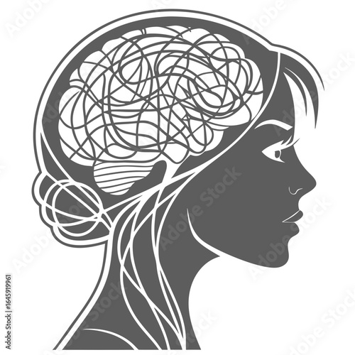 Brain Silhouette with Tangled Threads Inside Mind Stress Anxiety Mental Health Concept
