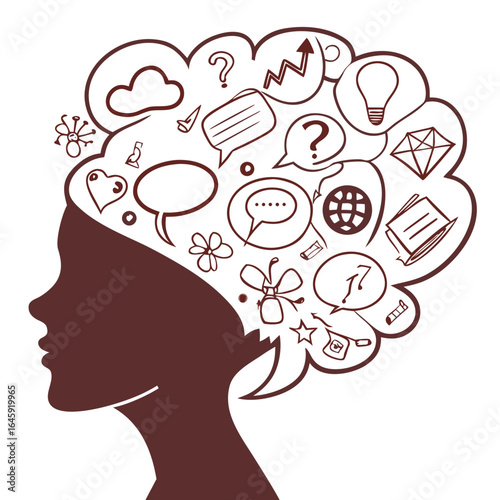 Silhouette of Head with Overlapping Speech Bubbles Communication Dialogue Conversation Concept