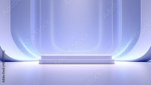 Modern minimalist stage with soft purple lighting and draped fabric backdrop