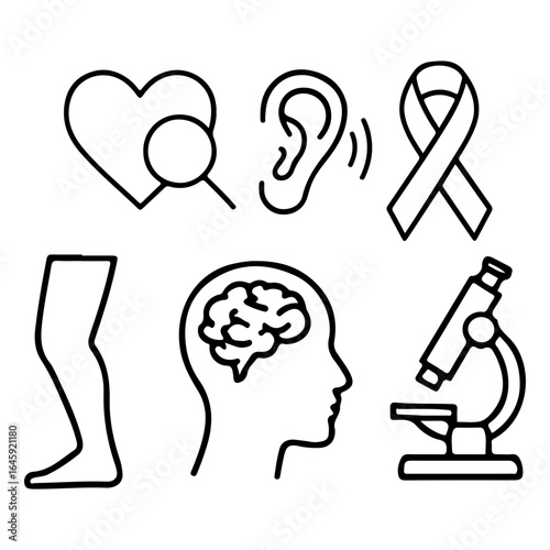 Medical research and healthcare concept showing various organs like heart brain ear and microscope for diagnosis and treatment