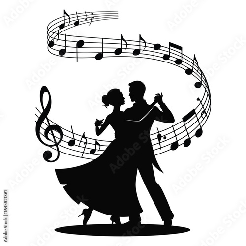 Silhouette of dancing couple with swirling music notes in AI and EPS vector format isolated in black and white